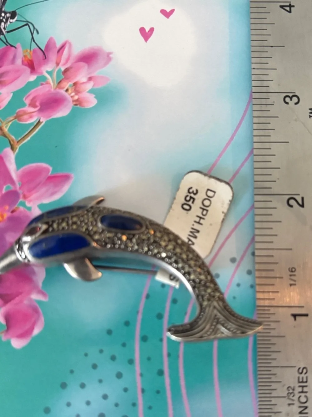 Sterling Silver Dolphin Brooch with Blue Lapis Garnet and Marcasites Accents